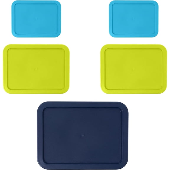 Replacement Rectangular Lids for Pyrex Glass Food Storage Containers (2) 3-Cup Light Blue (2) 6-Cup Lime Green (1) 11-Cup Navy