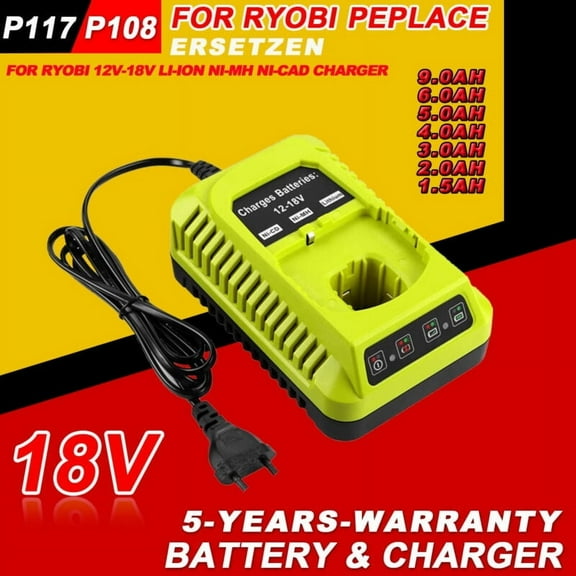 Replacement Ryobi P117 Dual Chemistry Charger Li-ion & Ni-cad Ni-Mh Battery Charger 12V 18V MAX for Ryobi One+ Plus Battery P100 P102 P103 P105 P107 P108 1400670 P117 P118 Ryobi Charger