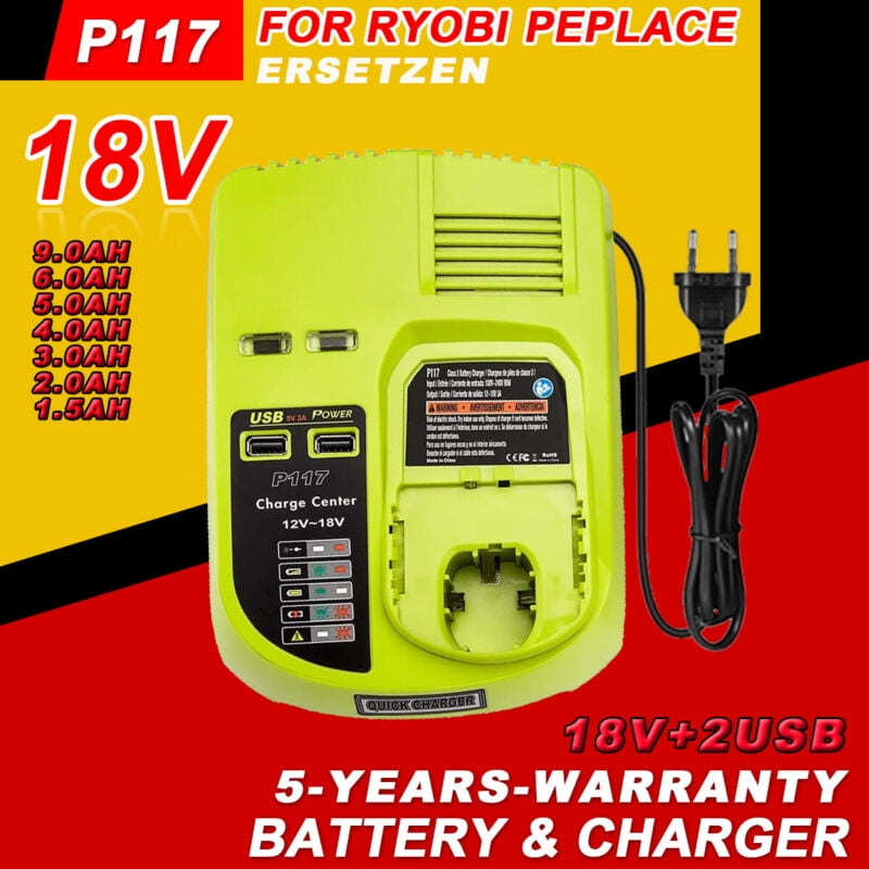 Replacement Ryobi P117 P118 P119 Dual Chemistry Charger Li ion Ni cad Ni Mh Battery Charger 12V 18V MAX for Ryobi One Plus Battery 1400670 P122 P161 P162 P164 P189 P190 P191 P192 P193