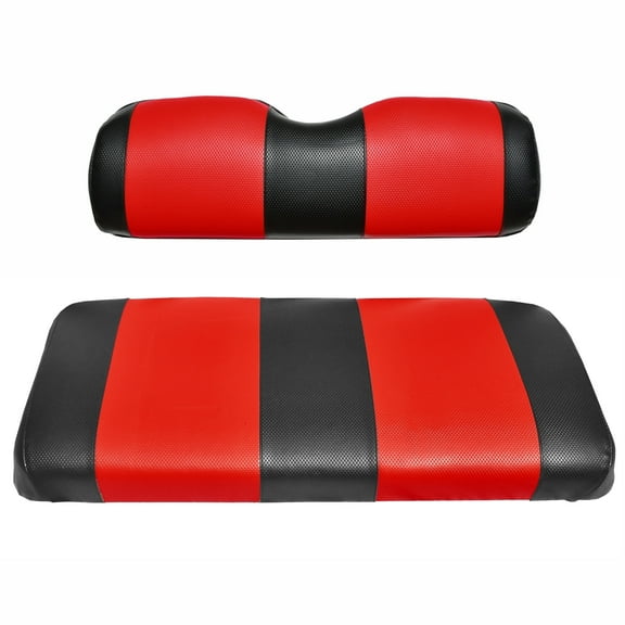 EZGO TXT Replacement Golf Cart Seat Cover Staple On Installation - 2 Piece - Premium Marine Vinyl - 5 Panel Stitching - Two-Tone (Black & Red)