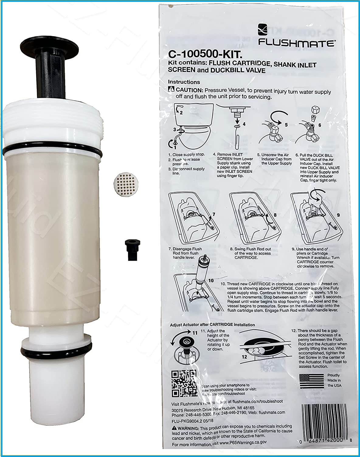 Replacement For Sloan C-100500-K Flushmate Cartridge/PowerFlush Toilet Piston Cartridge Parts With for Use with 500, 501, 501A, 501B, 503, and 504 Series Flushmate Tank System (1)