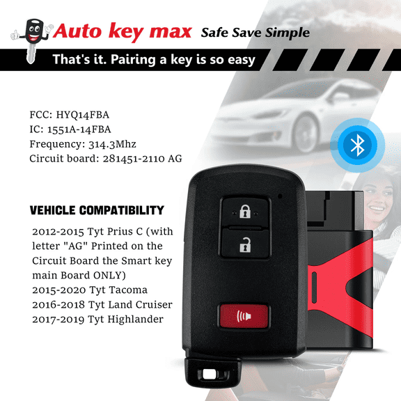 Replacement Smart Key Fob with DIY Setup Tool Compatible for Toyota 2015-2020 Tacoma 2014-2019 Highlander Smart Remote HYQ14FBA