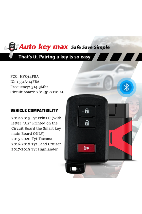 Replacement Smart Key Fob with DIY Setup Tool Compatible for Toyota 2015-2020 Tacoma 2014-2019 Highlander Smart Remote HYQ14FBA