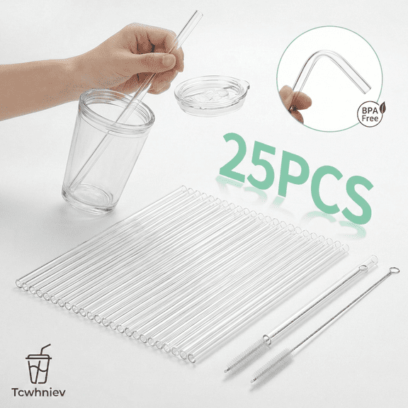 Tcwhniev 25PCS Reusable Straws Compatible with Stanley 40 oz Cup Tumbler, Assorted Color Straws 12 Inch Long with 2 Cleaning Brushes,Durable PETG, BPA-Free, with Laser-Induced Sparkle