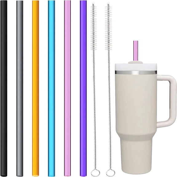 Replacement Straws for 40 oz Stanley Adventure Travel Tumbler, 12 inch Extra Long Plastic Reusable Stanley Tumber Straws for Stanley Cup, Pack of 6 with 2 Cleaning Brushes(Color)