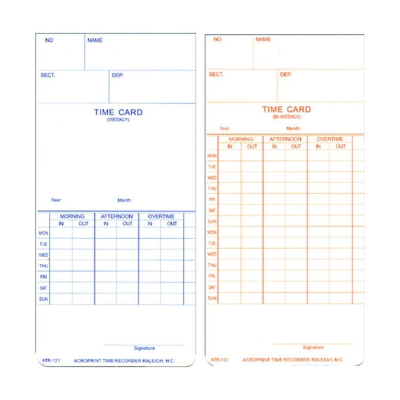 Replacement Time Cards For Atr120 Time Clock - Weekly, Biweekly