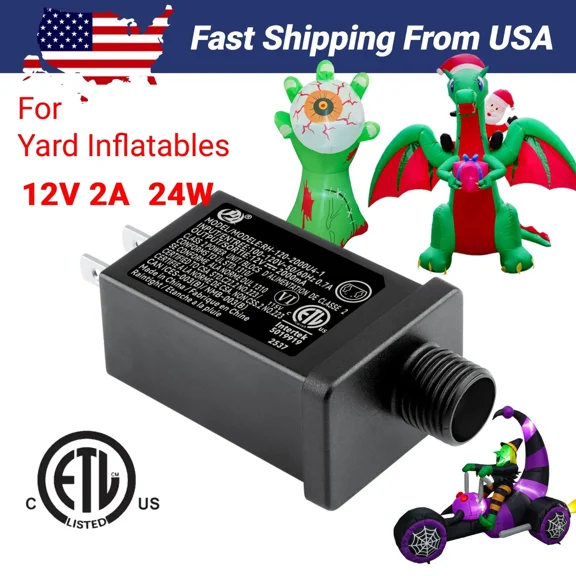 Replacement Yard Inflatable Adapter, 12V 2A Power Supply Adapter for Outdoor Inflatable Decoration, Power Supply Transformer Plug for Thanksgiving Christmas Blow Up Yard Decorations