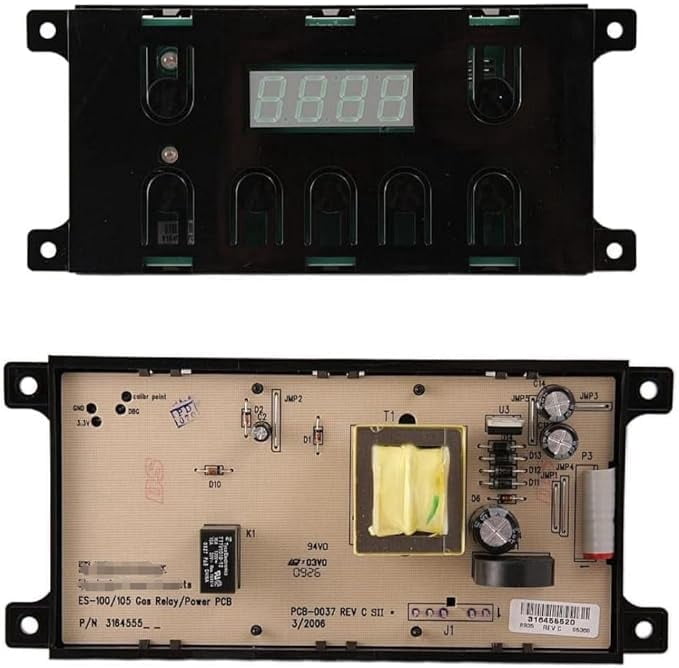 Replacement control board compatible for Frigidaire 5304518661, 316455570 replacement for Electrolux,Kenmore, Gas Range 7 Button Control Board Clock, white overlay and balck overlay included