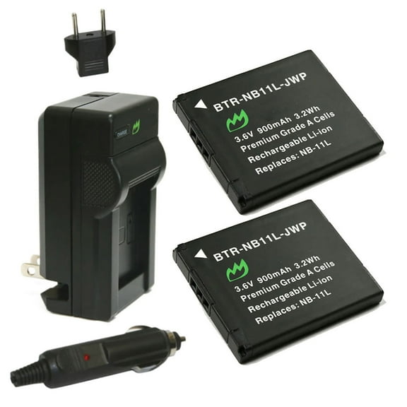 Replacement for Canon ELPH 180 Battery (2-Pack, 900mAh) and Charger with Car Adapter