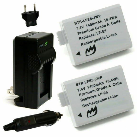 Replacement for Canon LP-E5 Battery (2-Pack, 1400mAh) and Charger