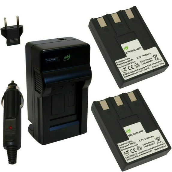 Replacement for Canon PowerShot SD20 Battery (2-Pack, 1100mAh) and Charger