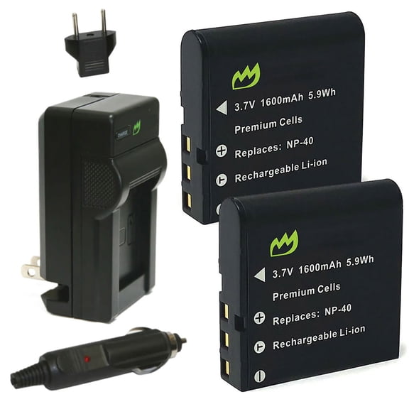 Replacement for Casio NP-40 Battery (2-Pack, 1600mAh) and Charger with Car Adapter