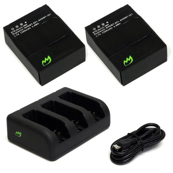 Replacement for GoPro AHDBT-302 Battery (2-Pack, 1200mAh) and Triple Charger