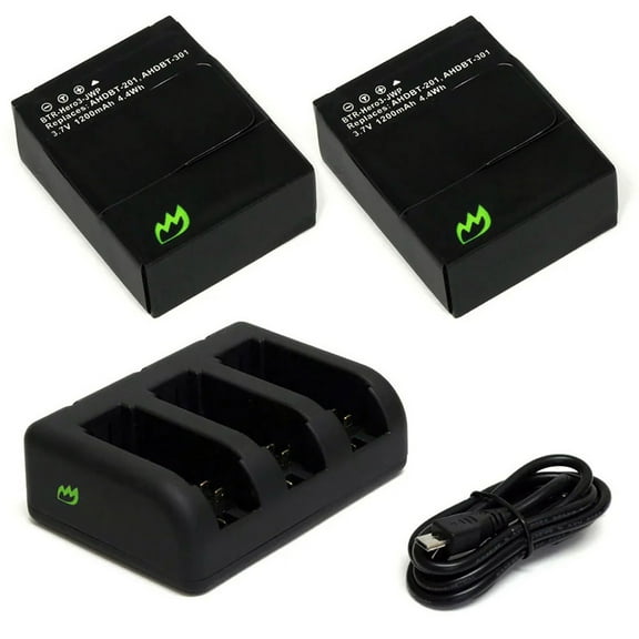 Replacement for GoPro HD HERO3+ Silver Battery (2-Pack, 1200mAh) and Triple Charger