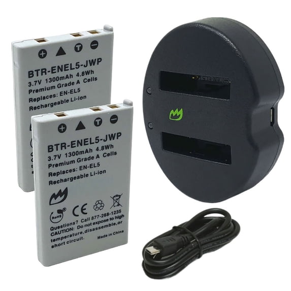 Replacement for Nikon Coolpix 5200 Battery (2-Pack, 1300mAh) and Dual Charger