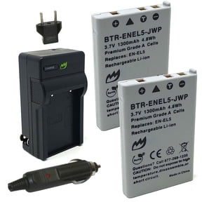Replacement for Nikon Coolpix P80 Battery (2-Pack, 1300mAh) and Charger with Car Adapter