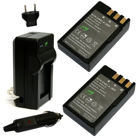 Replacement for Nikon D3000 Battery (2-Pack, 1400mAh) and Charger with Car Adapter
