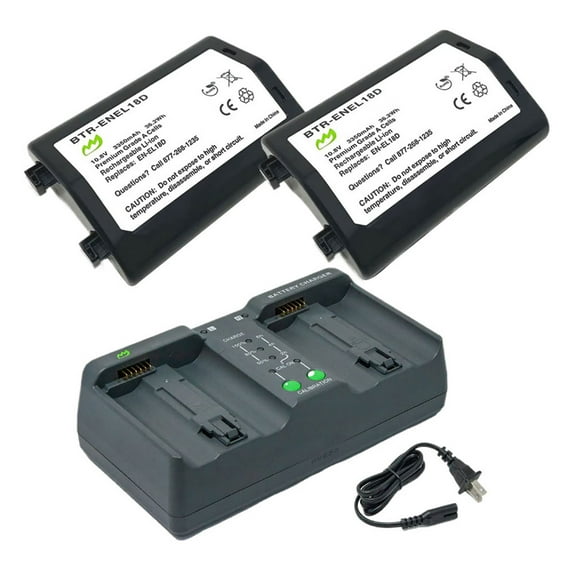 Replacement for Nikon D500 (With Adapters/Grips) Battery (2-Pack, 3350mAh) and Dual Charger