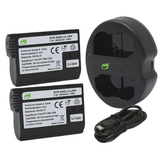 Replacement for Nikon D800E Battery (2-Pack, 2000mAh) and Dual Charger