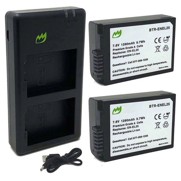 Replacement for Nikon EN-EL25a Battery (2-Pack, 1280mAh) and USB Dual Charger