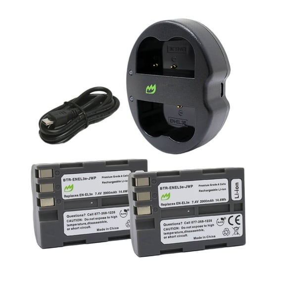 Replacement for Nikon EN-EL3 Battery (2-Pack, 2000mAh) and Dual Charger