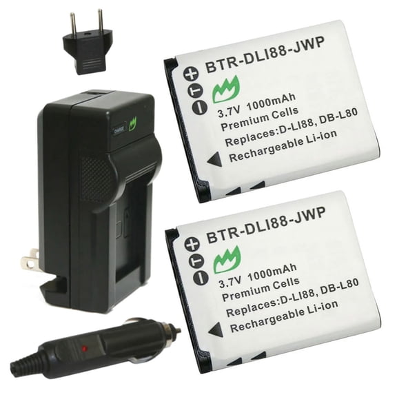 Replacement for Pentax D-L188 Battery (2-Pack, 1000mAh) and Charger with Car Adapter