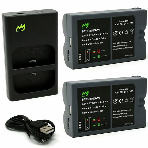 Replacement for Ring V4 Battery (2-Pack, 6700mAh) and USB Dual Charger