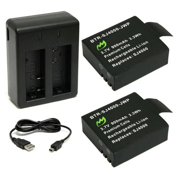 Replacement for SJCAM Wimius Battery (2-Pack, 900mAh) and Dual Charger