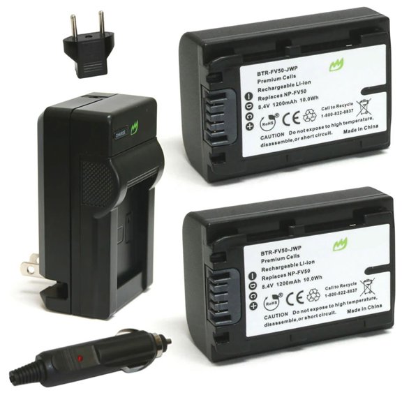 Replacement for Sony DCR-SX65 Battery (2-Pack, 1200mAh) and Charger