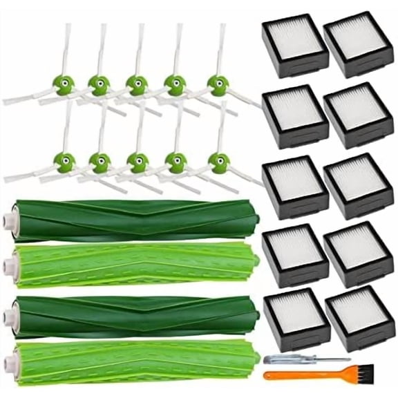 Replacement parts kit for iRobot Roomba i, e, and j series vacuums, includes brushes and HEPA filters.