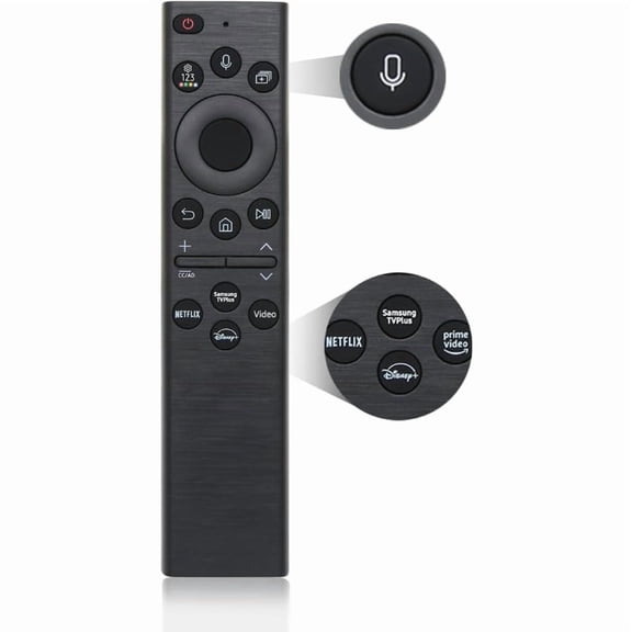 Replacement remote for Samsung TVs, compatible with all 2018-2025 Samsung Smart TV remotes with voice control functionality.