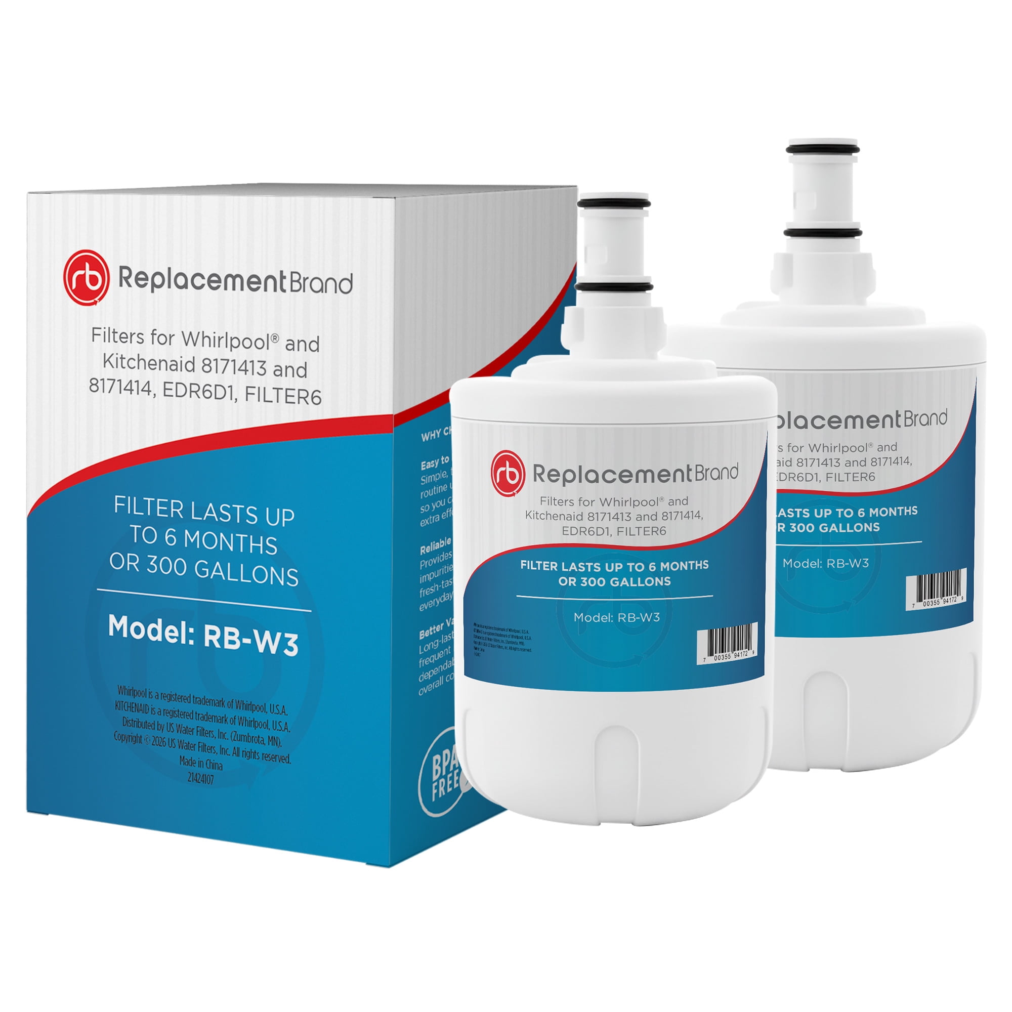 ReplacementBrand Refrigerator Water Filter Compatible with Whirlpool 8171413, Kenmore 9002, EDR8D1, 469002, 8171414, WF286, WSW-4, EFF-6010A, SGF-W31, WFI-NLC200, PS390643 - 2 Pack