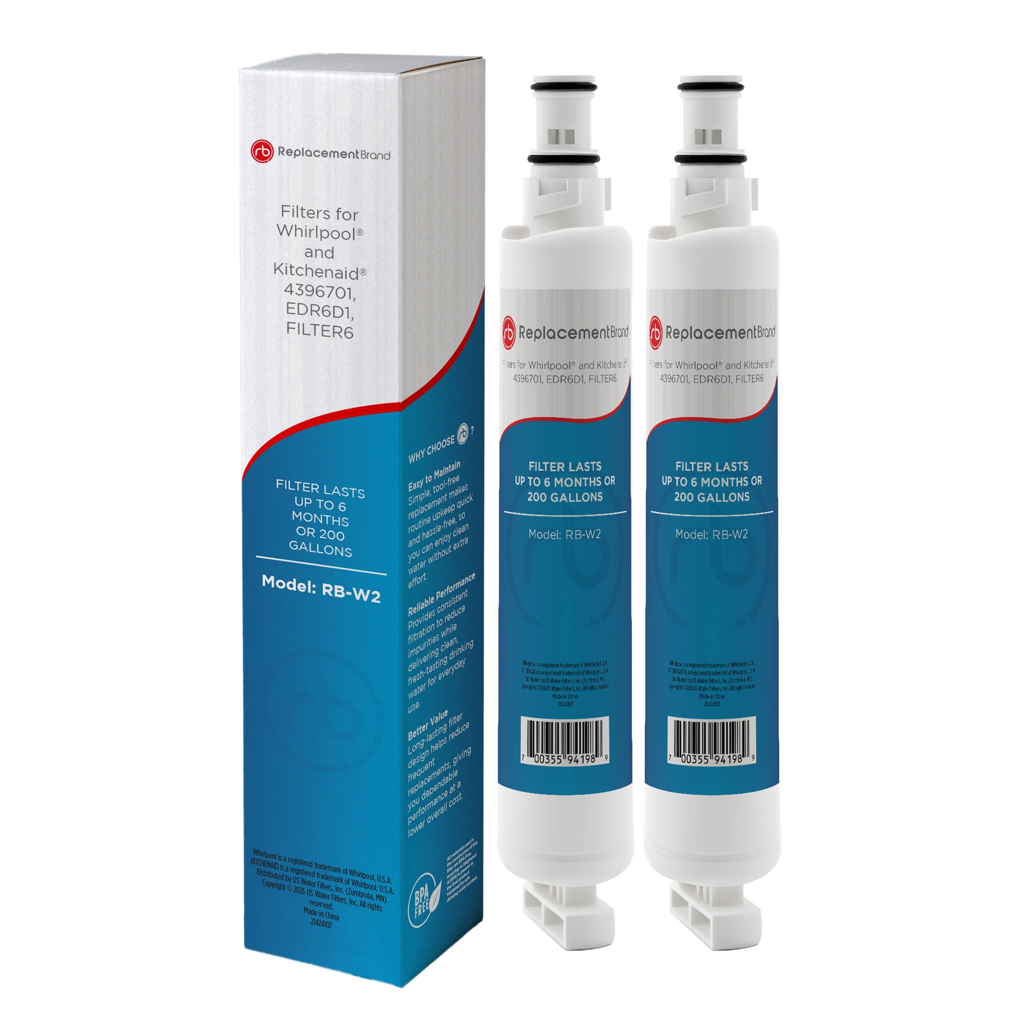 ReplacementBrand Refrigerator Water Filter Compatible with Whirlpool 4396701, EDR6D1, Kenmore 9915, 46-9915, NL120V, 4396701, 4396702 - 2 Pack