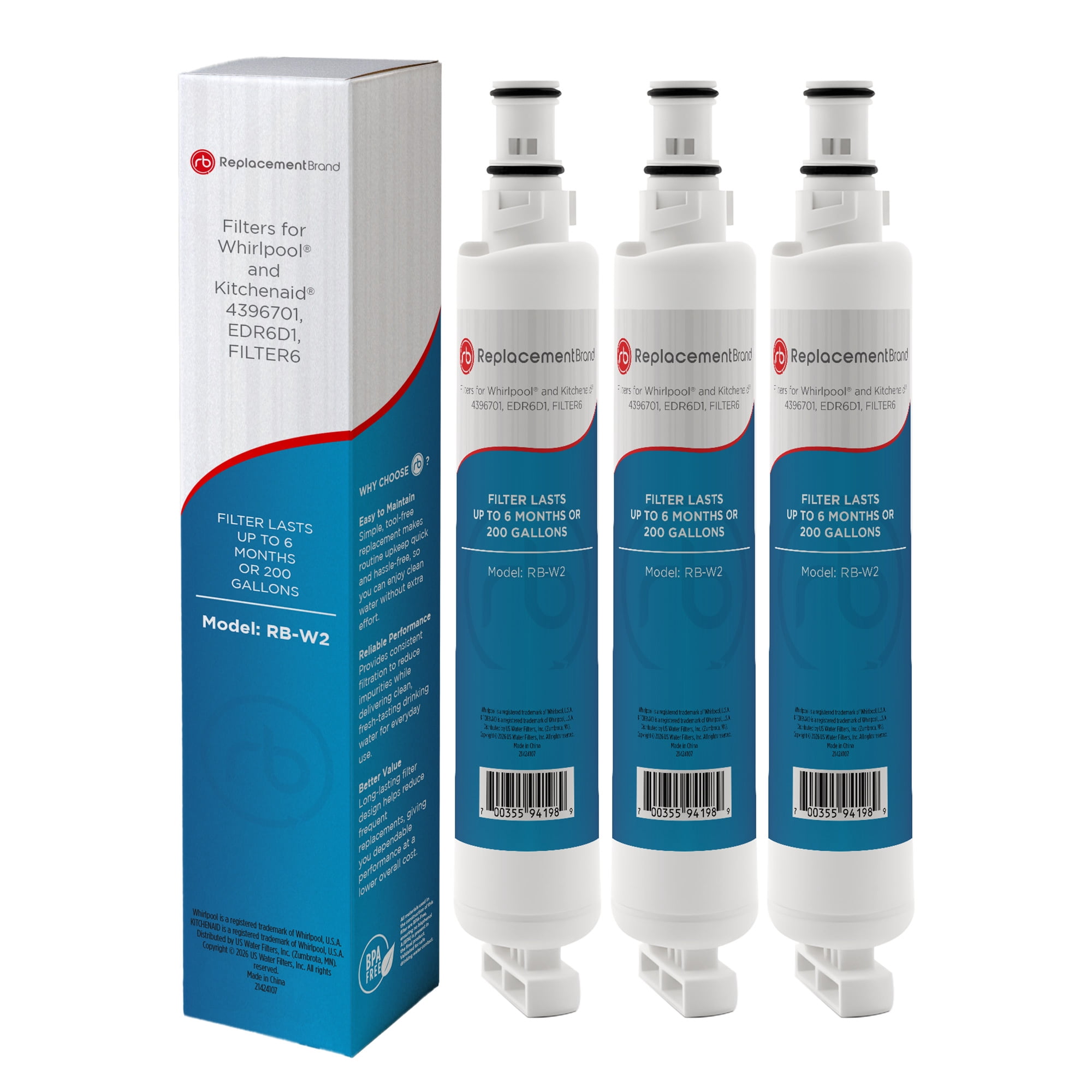 ReplacementBrand Refrigerator Water Filter Compatible with Whirlpool 4396701, EDR6D1, Kenmore 9915, 46-9915, NL120V, 4396701, 4396702 - 3 Pack