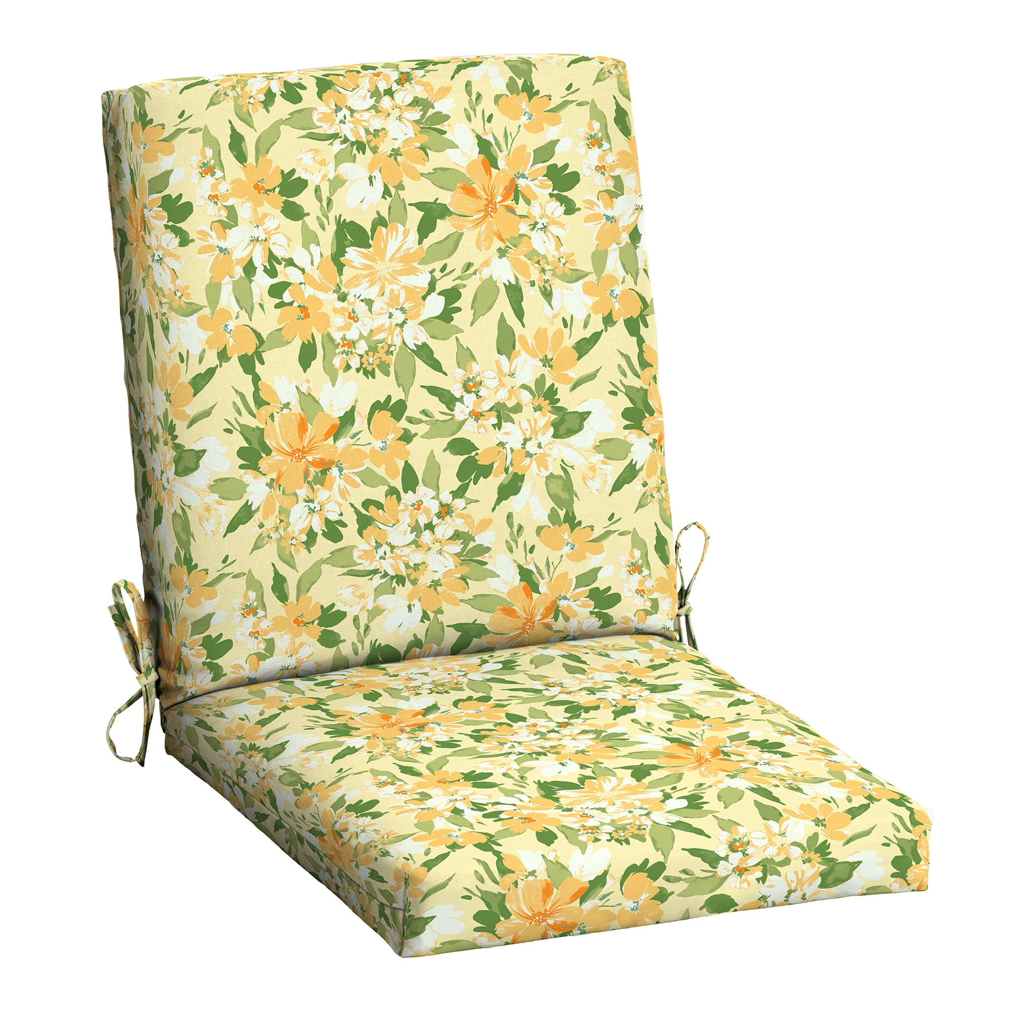 Mainstays 37 in x 19.5 in Yellow Floral 1-Piece Rectangle Outdoor Dining Chair Cushion