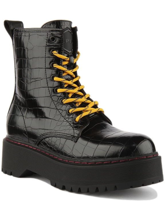 Replay Amity Women's Lace Up Croc Print Leather Platform Boots In Black Size 7