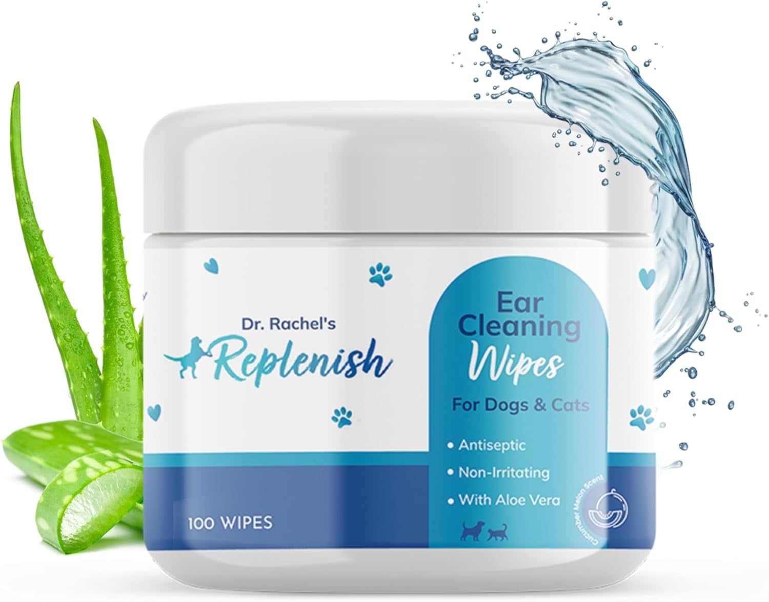 Replenish Cat and Dog Ear Cleaning Wipes – Gentle Pet Ear Cleaner Wipes with Aloe Vera – Cucumber Melon Scent – Hypoallergenic Dog Wipes – 100 Count