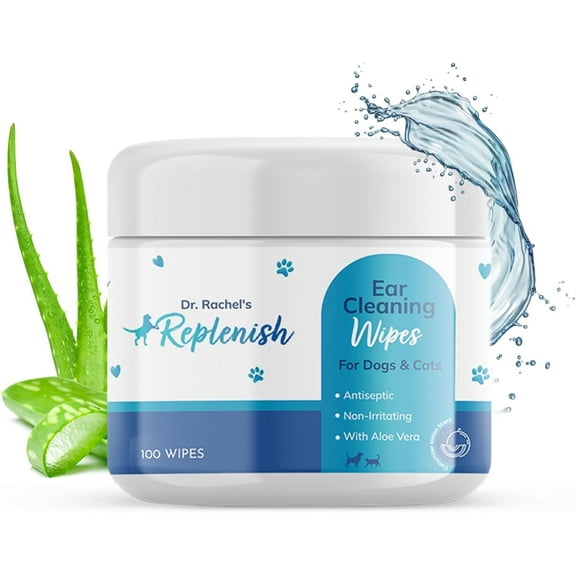 Replenish Cat and Dog Ear Cleaning Wipes Gentle Pet Ear Cleaner Wipes with Aloe Vera Cucumber Melon Scent Hypoallergenic Dog Wipes 100 Count