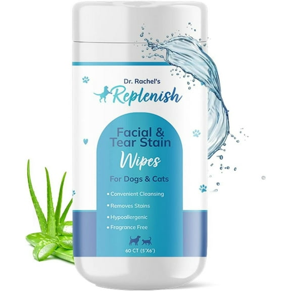 Replenish Facial and Tear Stain Remover Wipes for Dogs and Cats - Dog Wipes for Face, Dog Eye Wipes Tear Stain Remover - Gentle Pet Eye Wipes for Dogs for Daily Grooming