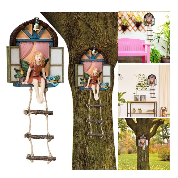 Replio Garden Cute Fairy Ladder Resin Wall Hanging Outdoor Courtyard Decoration Wall Hanging Decoration Gifts