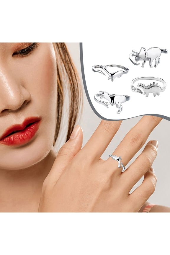 Metal Dinosaur Ring Fashion Cute Open Geometric Animal Ring Japanese And Korean Fashion Jewelry (4 Rings In A Pack)