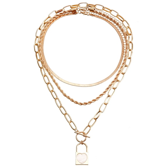 Replio Punk Style Stacked Flat Chain Three Layer Necklace Imitation Mother Of Pearl Lock Pendant Necklace For Women Gifts