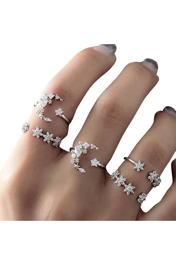 Set 5PC Lover Stack Silver Rings Moon Star Women Bohemian Wedding Rings Gifts
