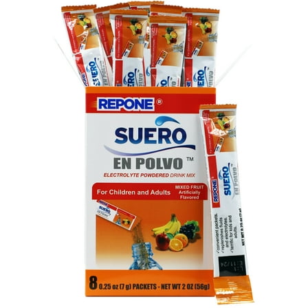(2 pack) Repone Suero Electrolyte Powder Packets, Fruit Flavor, Hydration for Adults and Children, 1 Box (8 ct)