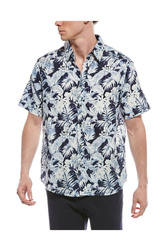 mens Tropical Linen-Blend Shirt, m, Blue