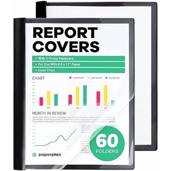 Report Covers - (60 Set), 8.5 x 11 Letter Size, 3-Prong Fasteners, Clear Front Plastic Folders - Perfect for Presenting Resumes, Proposals, and More with Professionalism