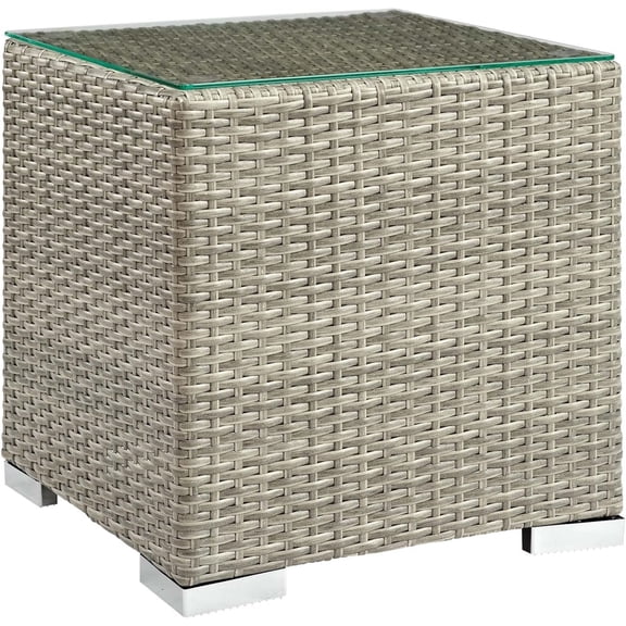 Repose Wicker Rattan Glass Outdoor Patio Side End Table in Light Gray