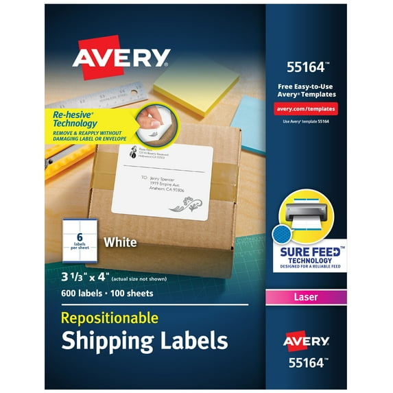 Repositionable Shipping Labels W/surefeed, Laser, 3 1/3 X 4, White, 600/box | Bundle of 5 Boxes