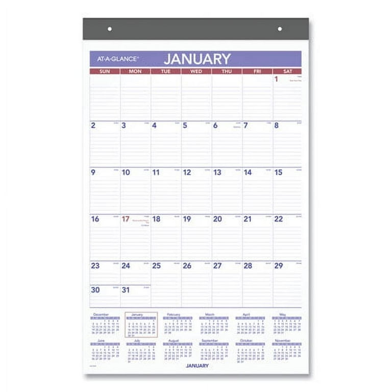Repositionable Wall Calendar, 15.5 x 22.75, White/Blue/Red Sheets, 12-Month (Jan to Dec): 2024