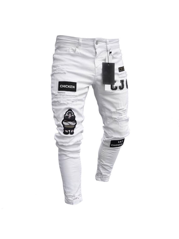 Reppunk Fashion Men Holes Embroidery Stretch Skinny Jeans Trousers Ripped Slim Male Joggers Pencil Denim Pants
